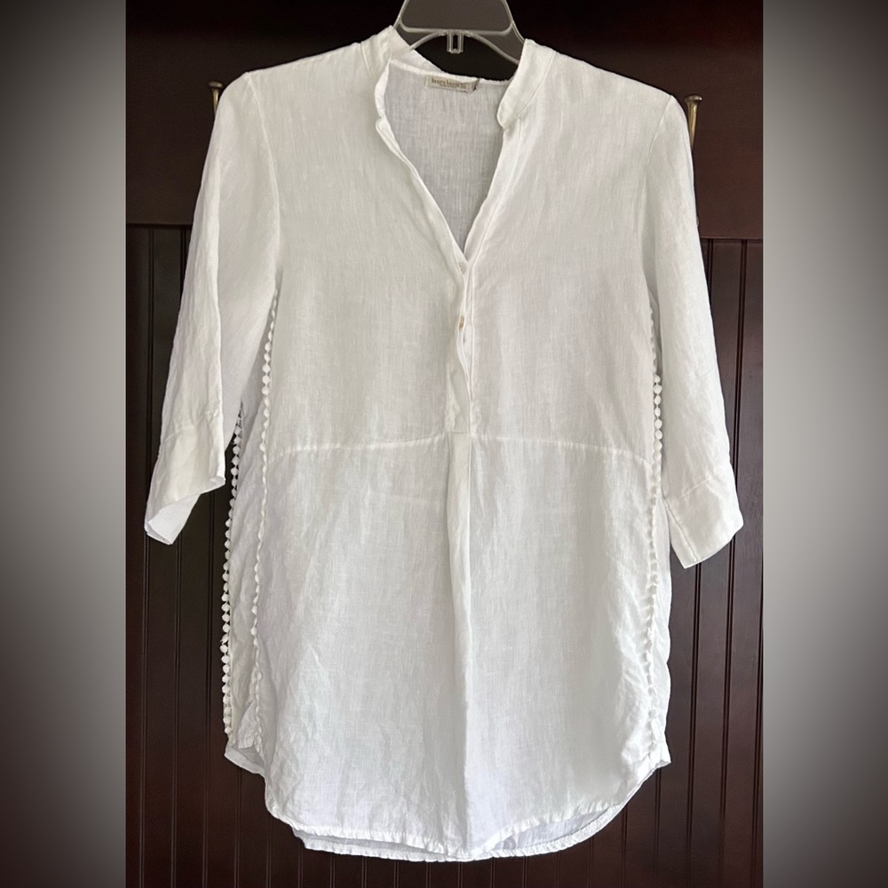 LAURA BIANCHI White Linen Popover Tunic Top Coastal Boho Beach Euro Summer Sz M - Picture 7 of 8
